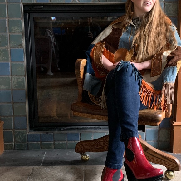 Leather cape, suede leather patchwork poncho, leather fringe cape, hippy clothes - Picture 7 of 9